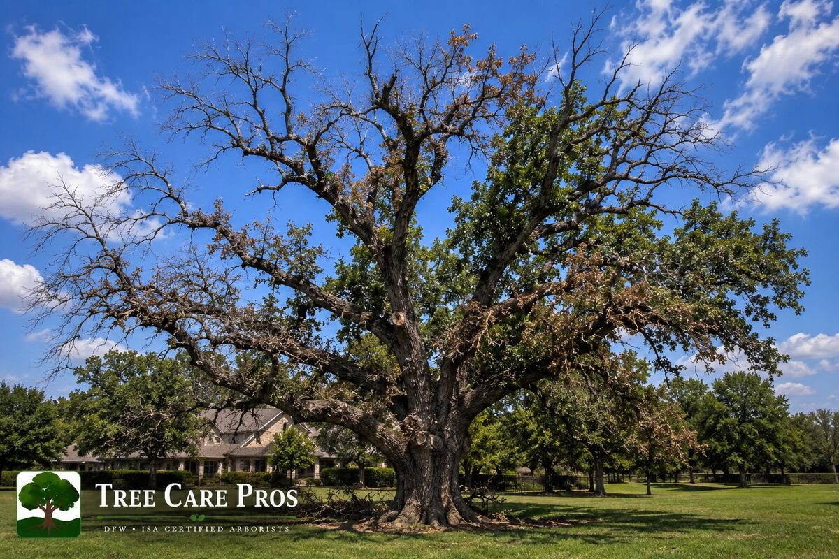 Serious Oak Diseases — Dallas–Fort Worth, Texas Serious oak disease symptoms in Dallas–Fort Worth, Texas — advanced leaf browning, scorch, and branch dieback on a mature oak.